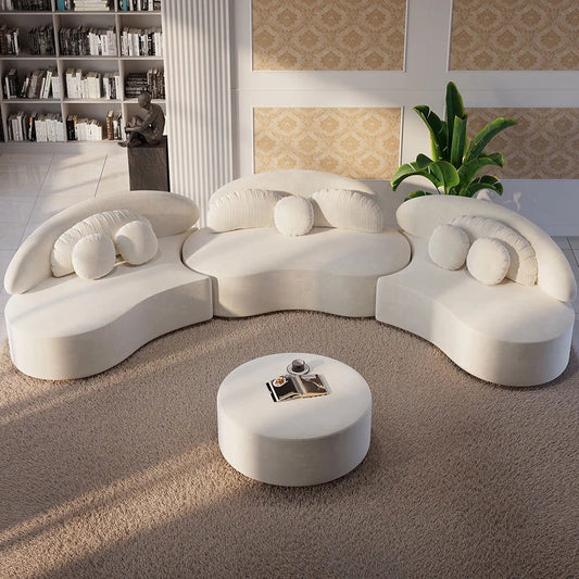 Modern 7 Seat Sectional Sofa Curved Modular Beige Velvet Upholstered with Ottoman - Homary