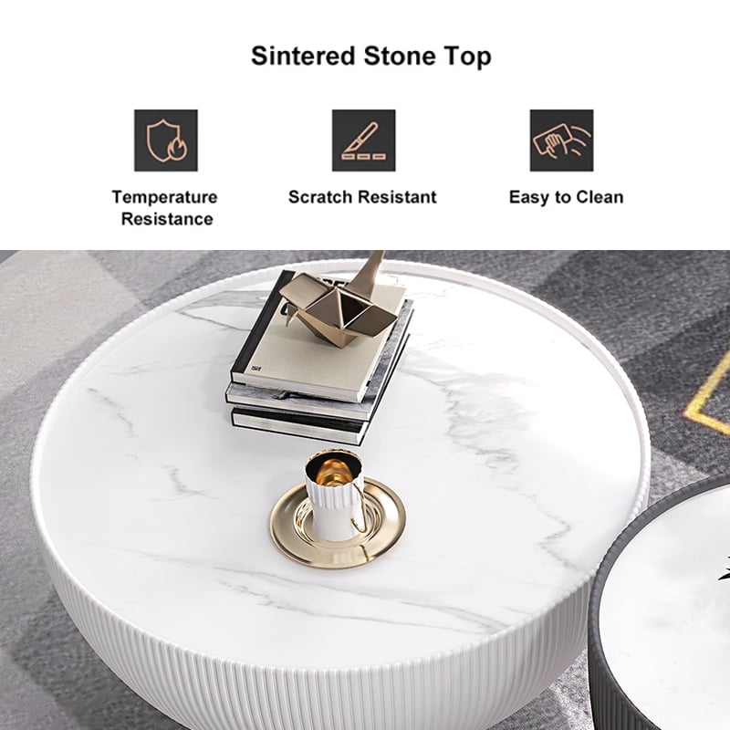 Modern Beige Drum Coffee Table Sintered Stone Round PU-Leather Accent Table in Gold -