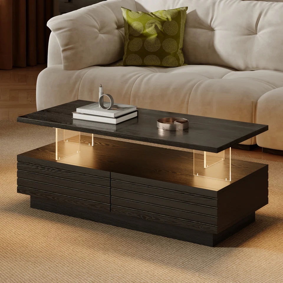 Modern Black Rectangular Acrylic LED Lights TV Stand with Storage Media Console -