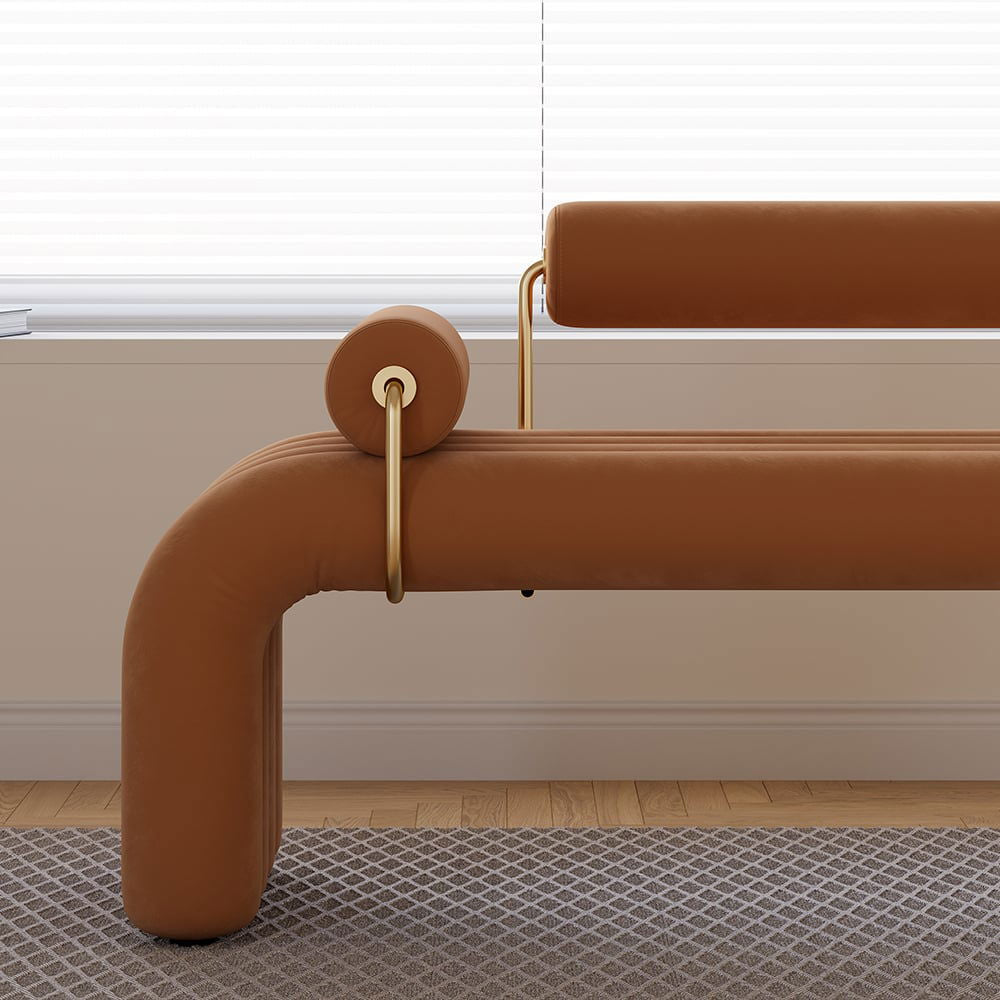 Modern Brown Line Tufted Bench Velvet Upholstered Entryway Bench in Gold Finish -