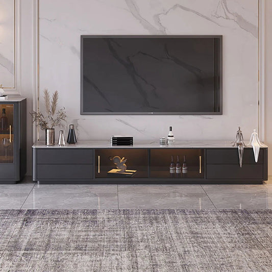 Modern Dark Gray TV Stand Stone Top 4-Drawer Glass Doors Media Console in Large - Approved By Design