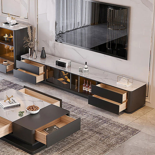 Modern Dark Gray TV Stand Stone Top 4-Drawer Glass Doors Media Console in Large - Approved By Design