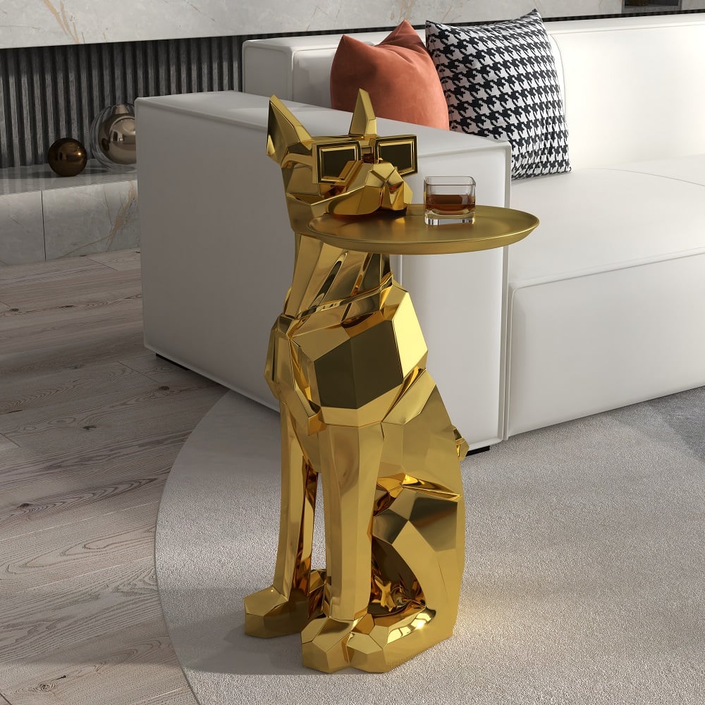 Modern Gold Resin Dog Sculpture Cute End Side Table with Metal Storage Tray Tissue Box -