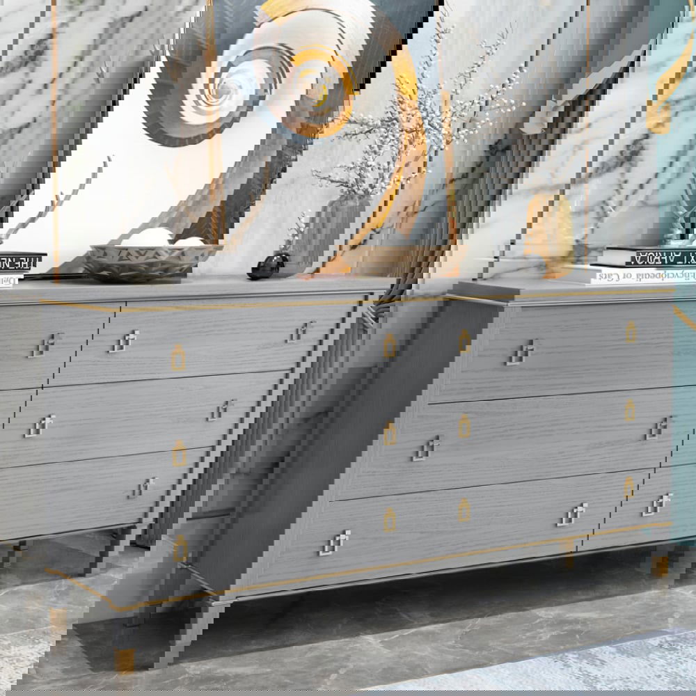 Modern Gray Dresser Chest of 6 Drawers Cabinet in Gold - Homary