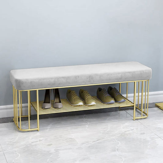 Modern Grey Hallway Bench with Shoe Storage Velvet Upholstered with Gold Frame and Shelf -