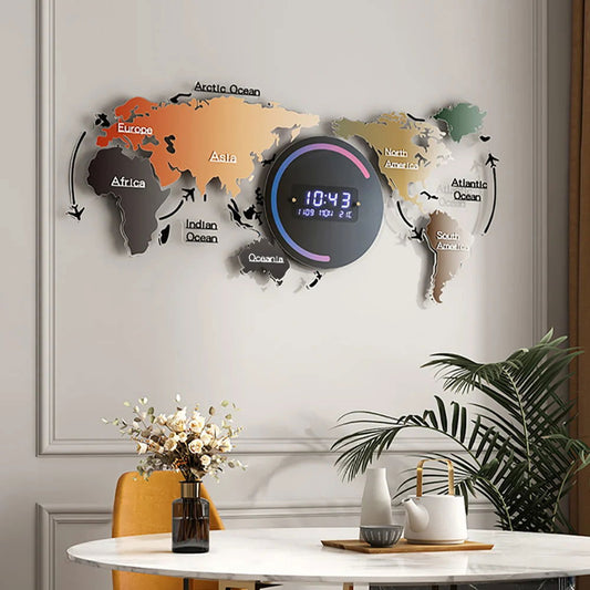 Modern Large Multifunctional World Map Wall Clock Decor With LED Digital Display Screen -