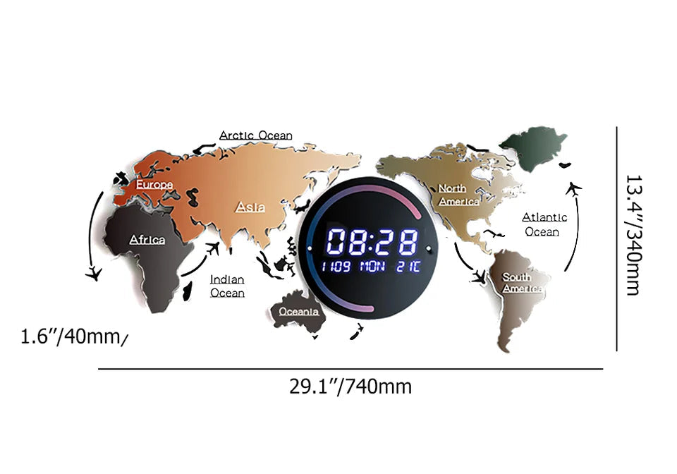 Modern Large Multifunctional World Map Wall Clock Decor With LED Digital Display Screen -