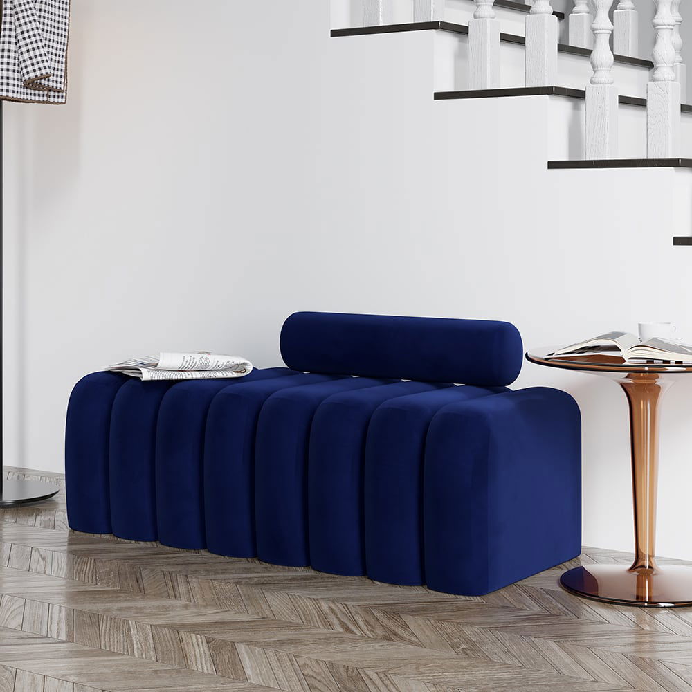 Modern Line Tufted Bench Upholstered Bench with Round Back Blue - Homary