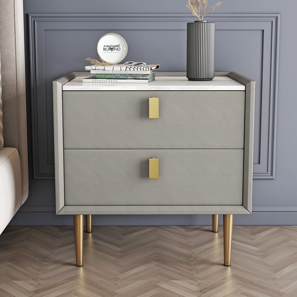 Modern Nightstand with 2 Drawers PU Leather Nightstand in Light Gray -