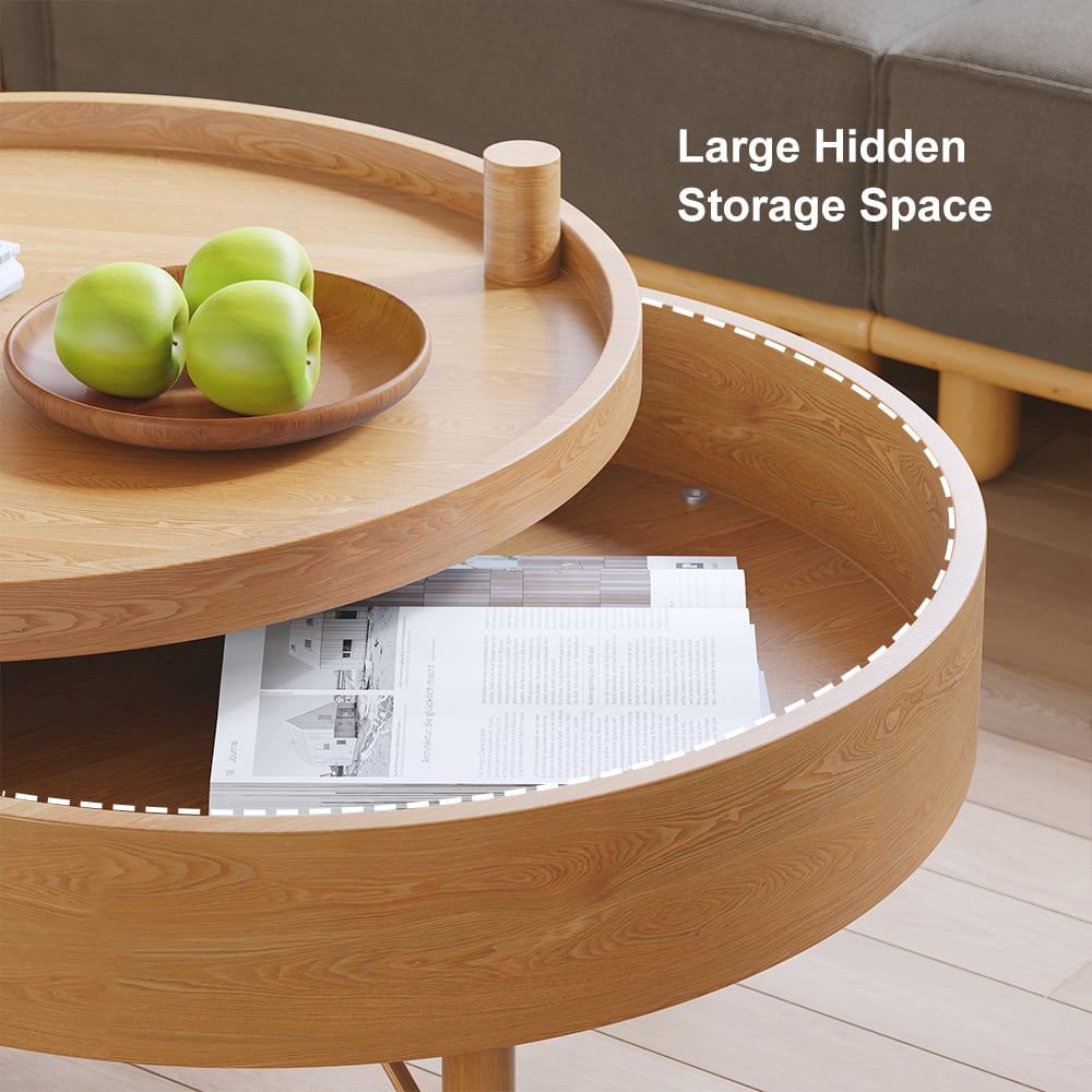 Modern Round Wood Rotating Tray Coffee Table with Storage & Metal Legs in Natural -