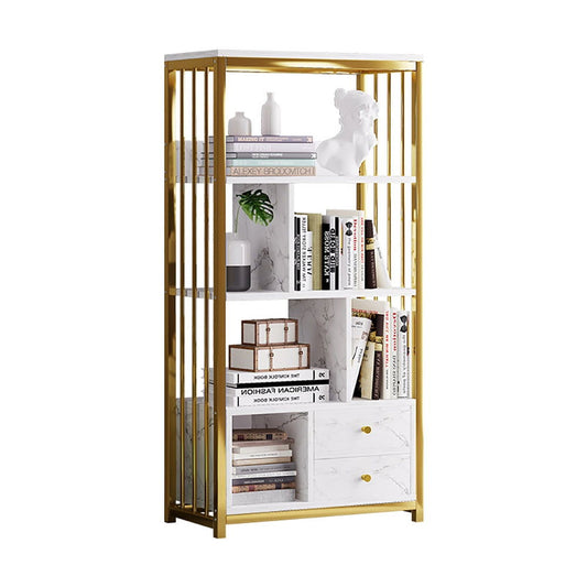 Modern Small Metal Etagere Bookshelf with 2 Drawers in White & Gold - Approved By Design