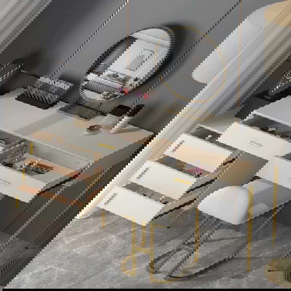 Modern White Makeup Vanity Set Retracted Dressing Table Cabinet & Stool & Mirror - Homary