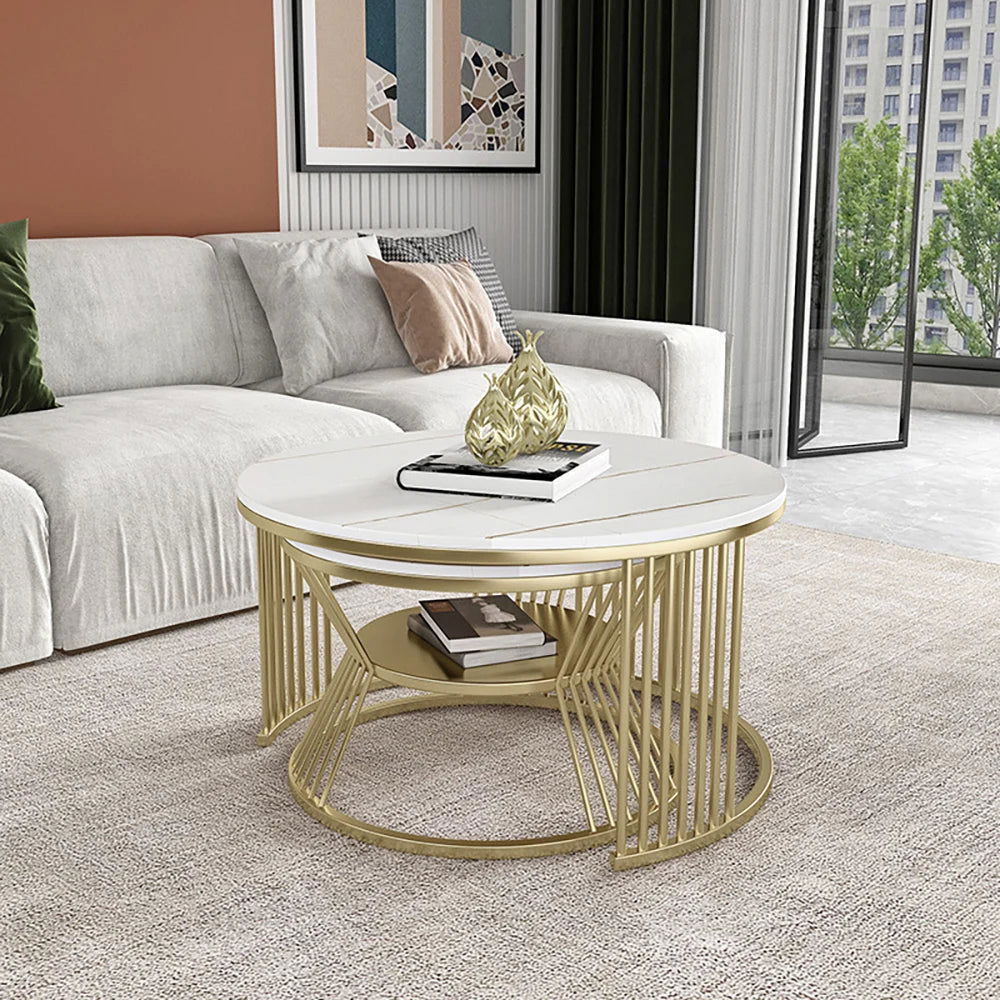 Modern White Nesting Coffee Tables Round Set of 2 with Stone Top -