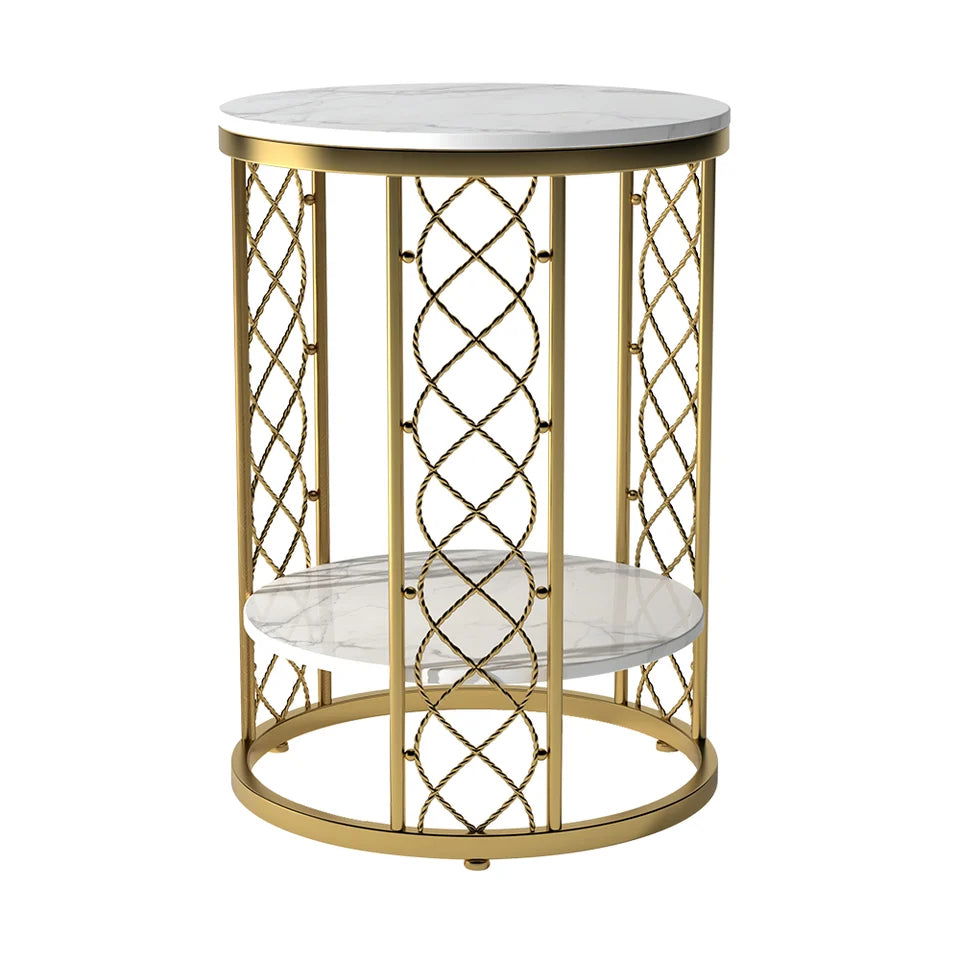Modern White Round End Table with Storage Marble Side Table Metal in Gold -