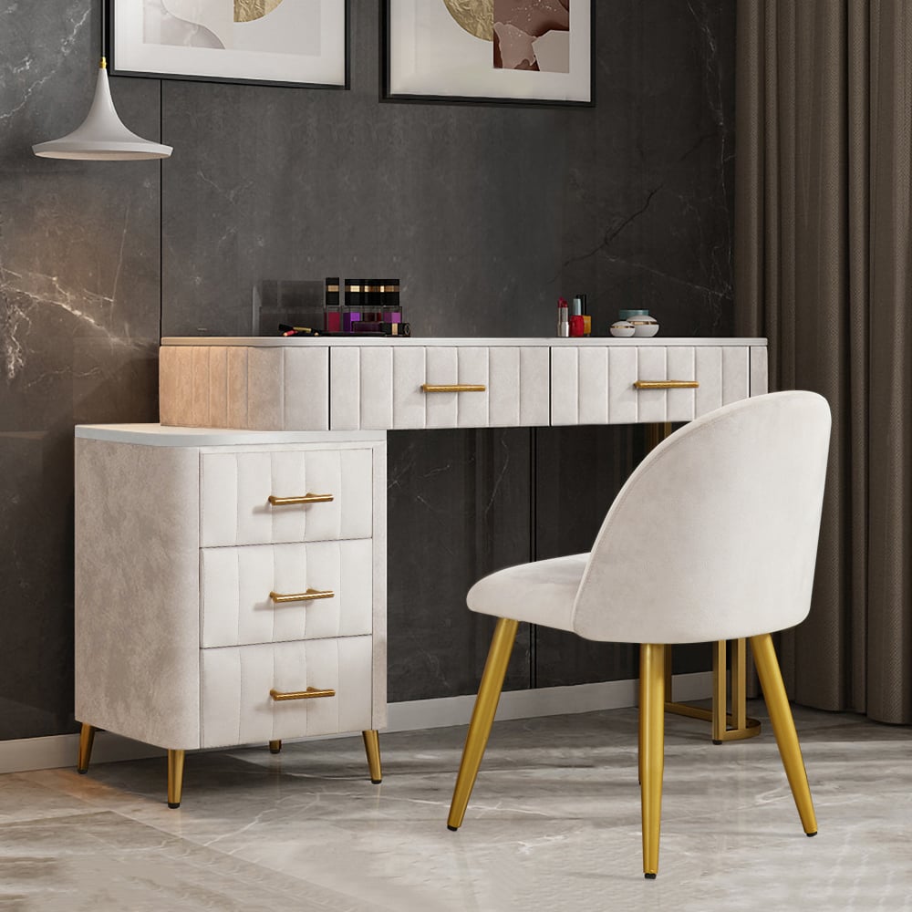 Modern White Velvet Makeup Vanity Expandable Dressing Table with Cabinet & Chair Modern White Velvet Makeup Vanity Expandable Dressing Table with Cabinet & Chair