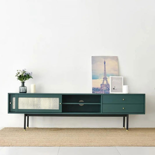 Ratta Modern Green TV Stand for 70 inch TV with 2 Drawers & 2 Doors & Rattan Decorated -