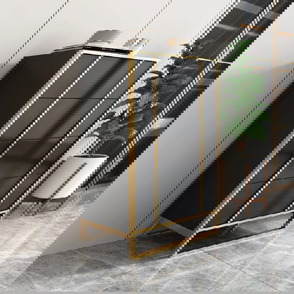 Rimh Modern Black & Gold Wooden Chest of 4 Drawers with Stainless Steel Legs -