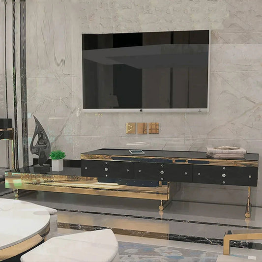 TV Stand Tempered Glass Top Extendable Entertainment 3-Drawer Cabinet in Gold - Approved By Design