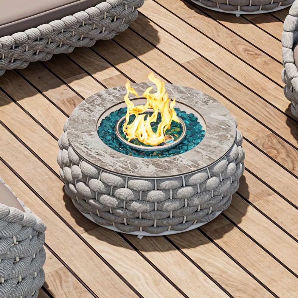 Tatta Weave Round Propane Outdoor Fire Pit & Outdoor Sofa Set -