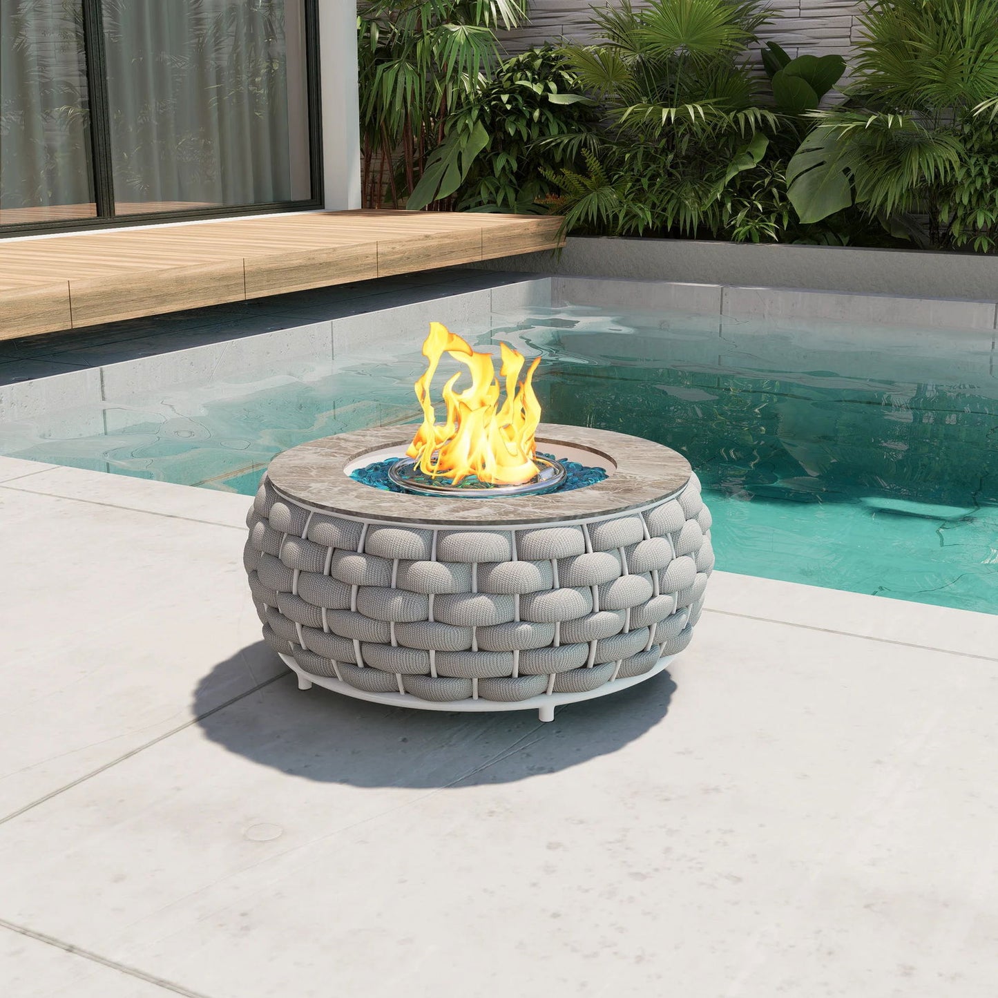 Tatta Weave Round Propane Outdoor Fire Pit & Outdoor Sofa Swivel Set -