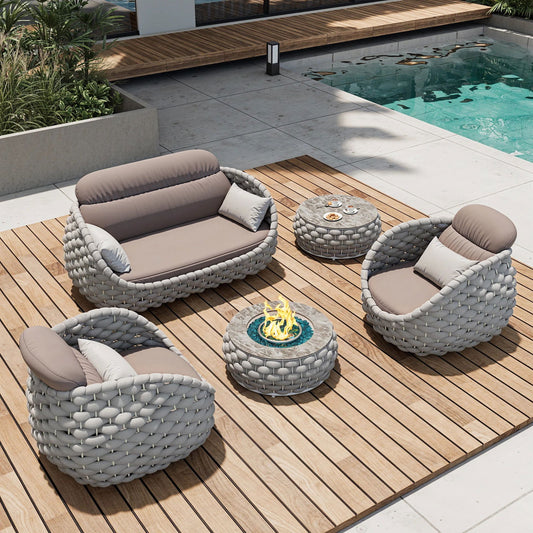 Tatta Weave Round Propane Outdoor Fire Pit & Outdoor Sofa Swivel Set - Homary
