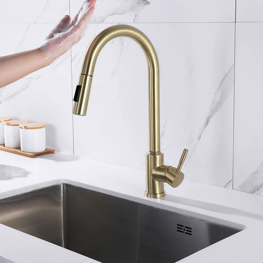 Touch Kitchen Tap Pull Out Sprayer Stainless Steel Single Handle in Brushed Gold - Homary