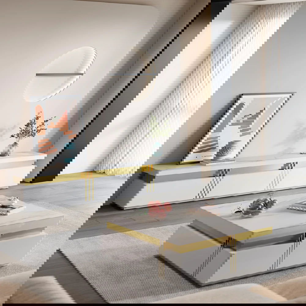 Trimied White TV Stand Sintered Stone Media Console 3Drawers Storage for TV Up to 2159mm -