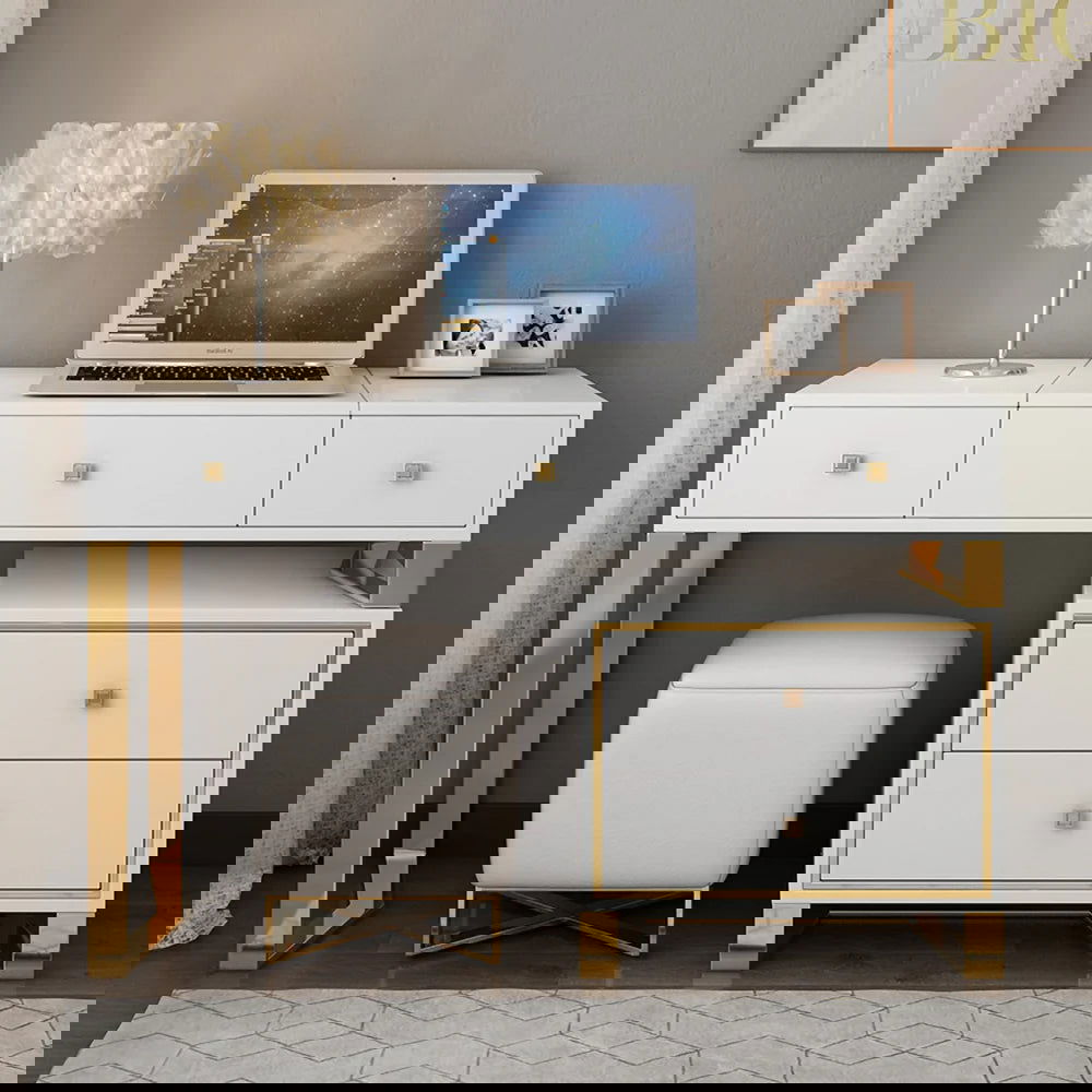 White 2-in-1 Makeup Vanity with Flip Top Mirror & 4 Drawers Modern Writing Table - Homary