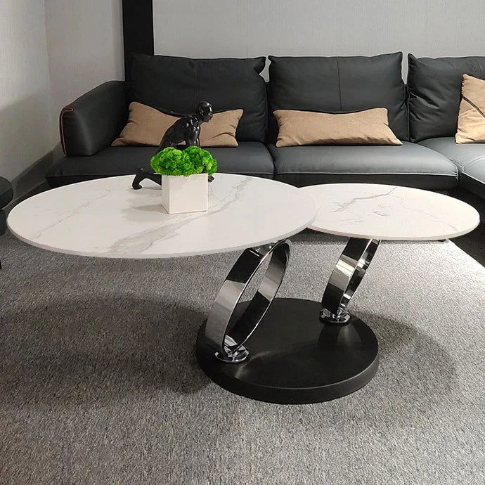 White Extendable Coffee Table with Ring-shaped Metal Pedestal -