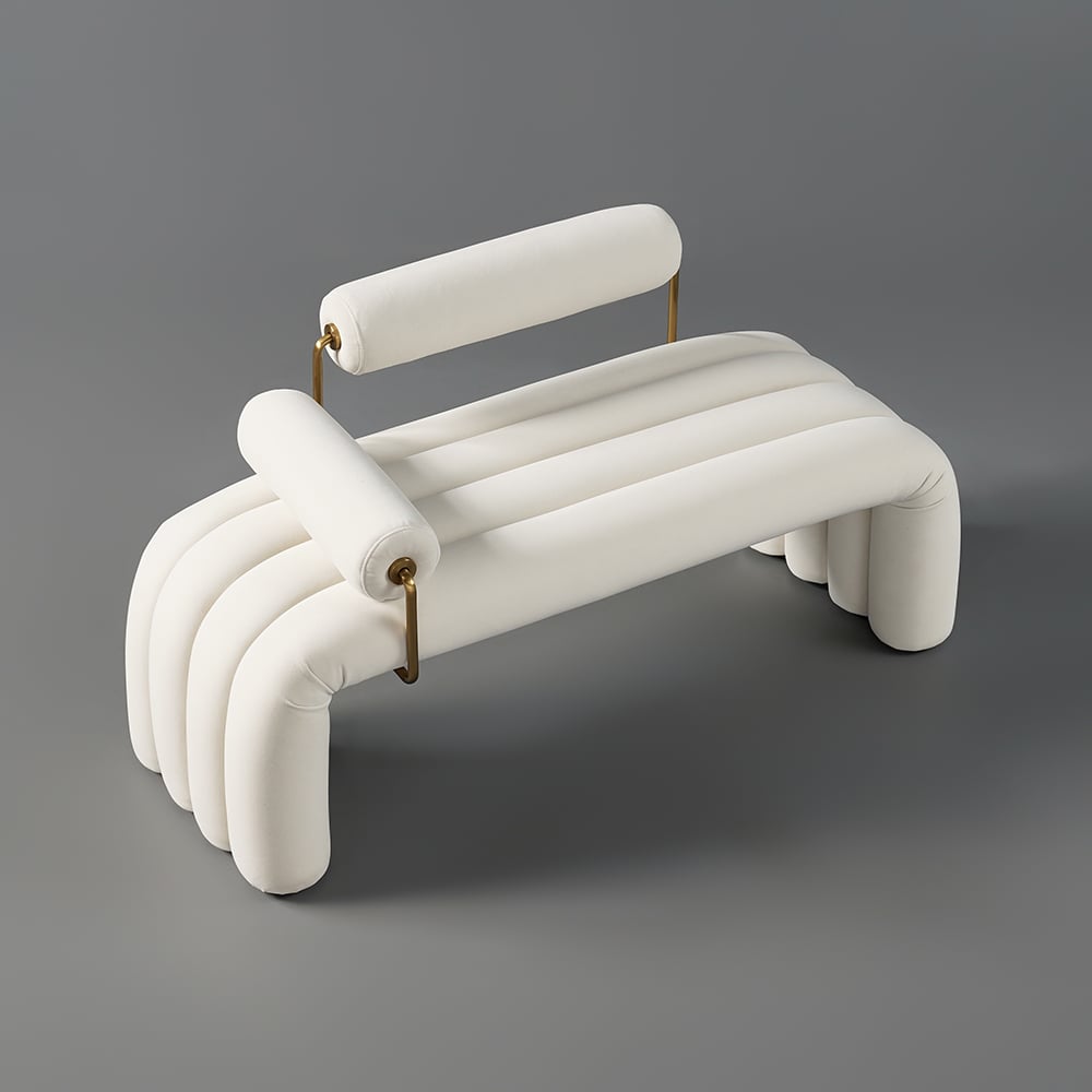 Modern White Line Tufted Bench Velvet Upholstered Entryway Bench in Gold Finish