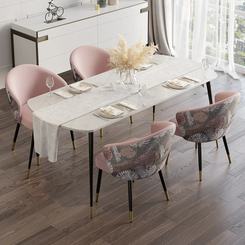 Pink Upholstered Velvet Dining Chair Modern Arm Chair in Gold & Black