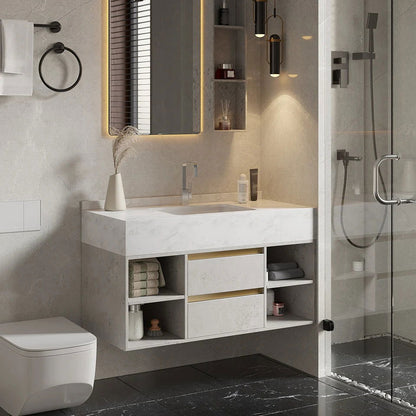 1000mm Floating Bathroom Vanity Set with Ceramic Basin 2 Drawers & Open Shelves in Grey - 