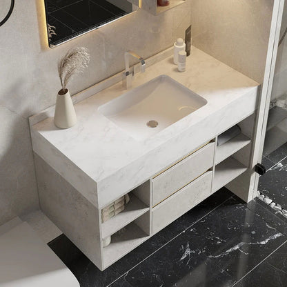 1000mm Floating Bathroom Vanity Set with Ceramic Basin 2 Drawers & Open Shelves in Grey - 