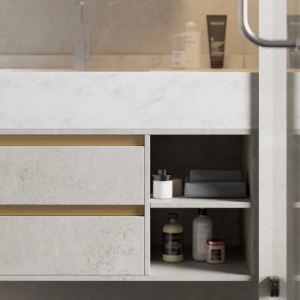 1000mm Floating Bathroom Vanity Set with Ceramic Basin 2 Drawers & Open Shelves in Grey - 