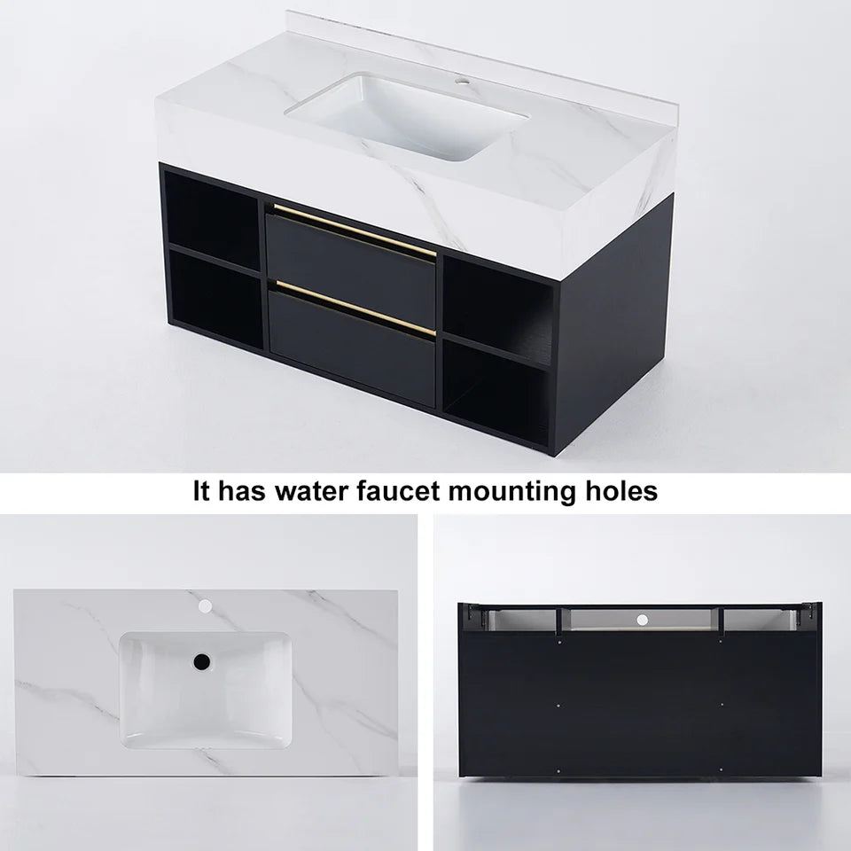 1000mm Floating Bathroom Vanity Set with Ceramic Basin 2 Drawers & Open Shelves in Grey - 