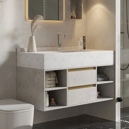 1000mm Floating Bathroom Vanity Set with Ceramic Basin 2 Drawers & Open Shelves in Grey - Homary