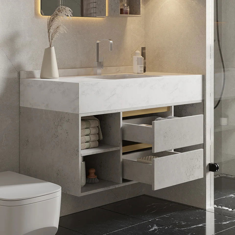 1000mm Floating Bathroom Vanity Set with Ceramic Basin 2 Drawers & Open Shelves in Grey - Homary