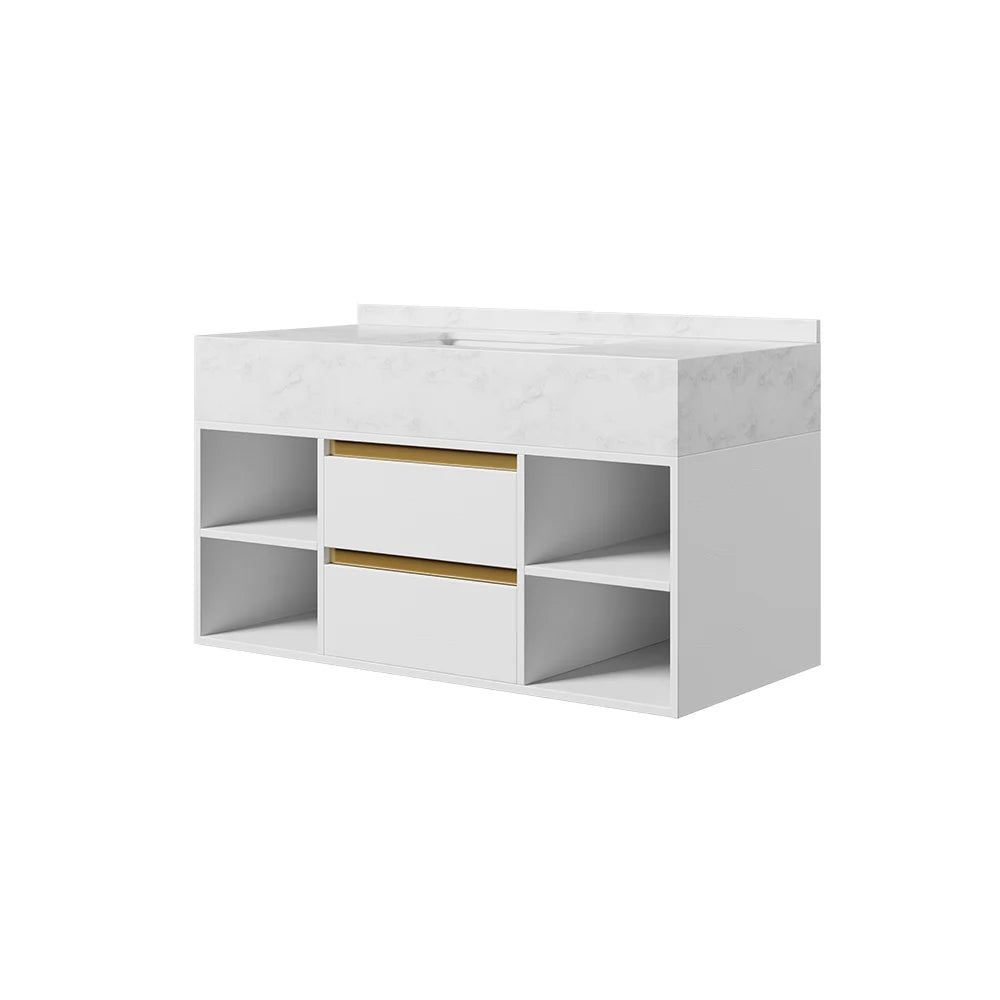 1000mm Floating Bathroom Vanity Set with Ceramic Basin 2 Drawers & Open Shelves in White - 