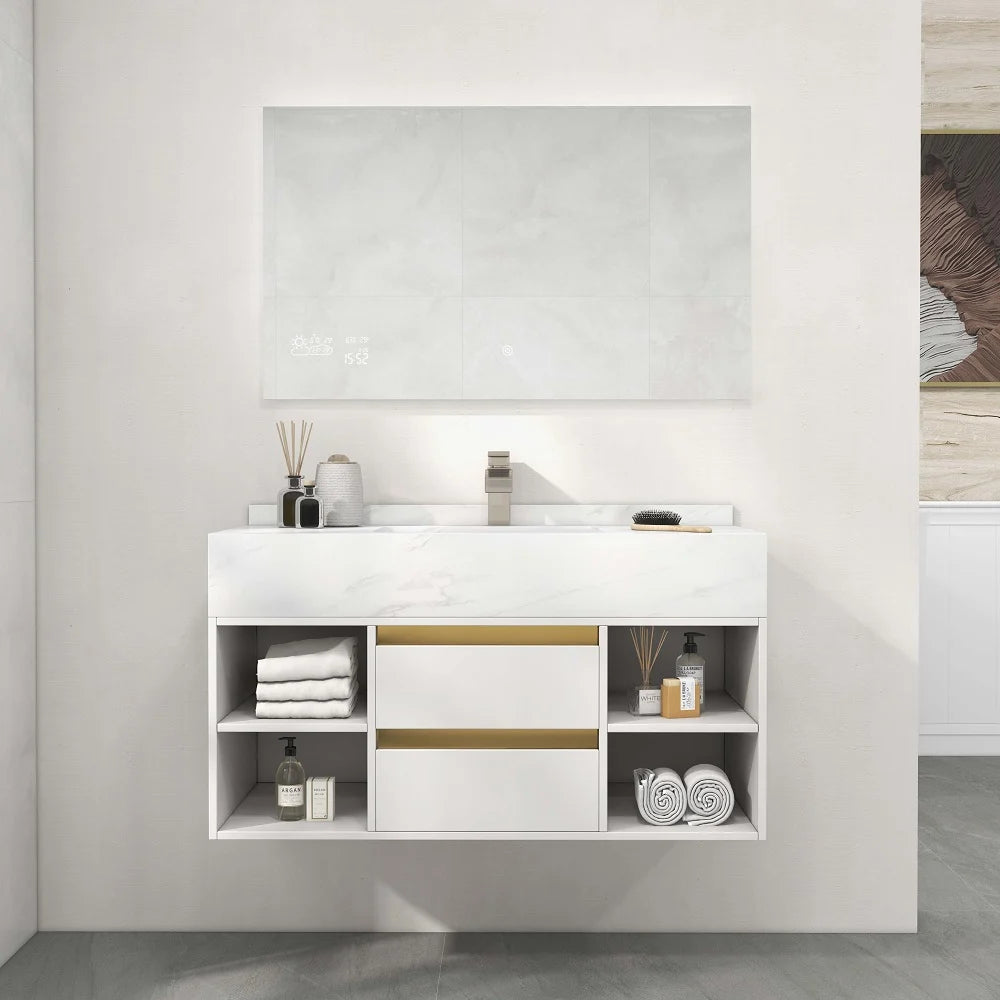 1000mm Floating Bathroom Vanity Set with Ceramic Basin 2 Drawers & Open Shelves in White - Homary