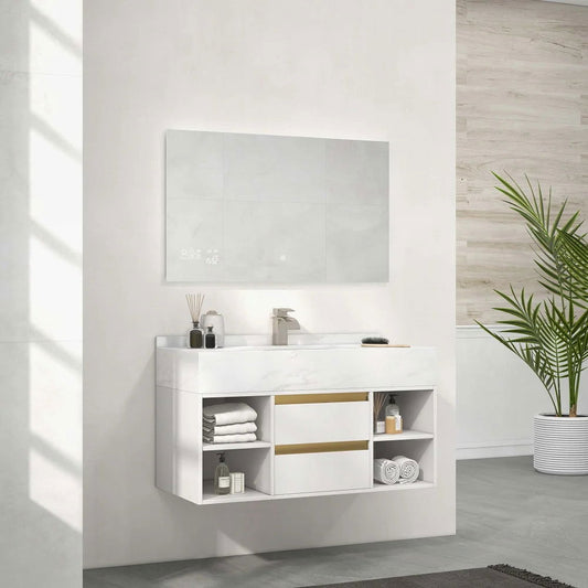 1000mm Floating Bathroom Vanity Set with Ceramic Basin 2 Drawers & Open Shelves in White - Homary
