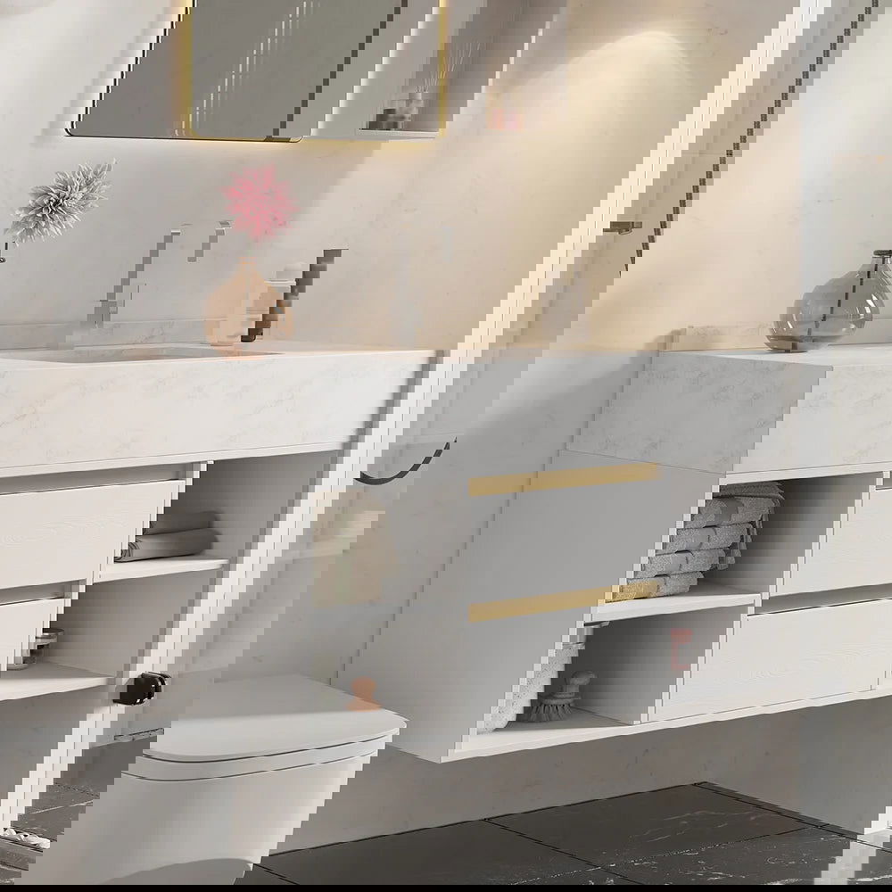 1000mm Floating Bathroom Vanity Set with Ceramic Basin 2 Drawers & Open Shelves in White - Homary