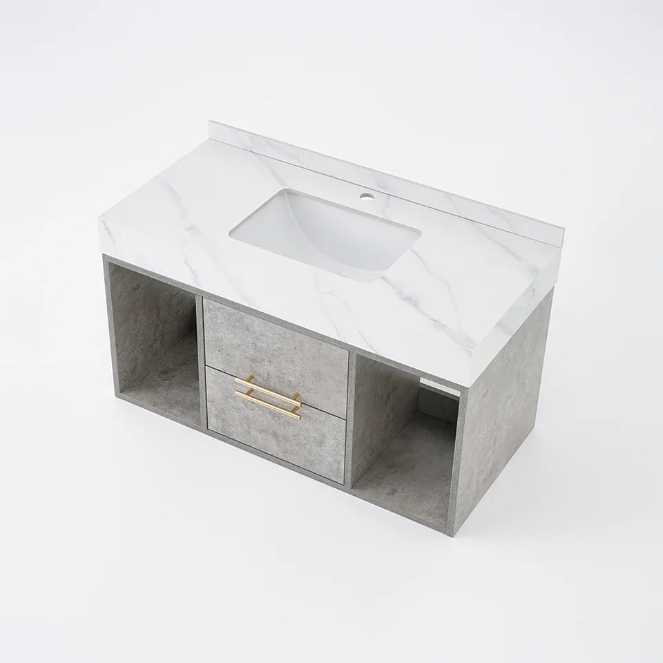 1000mm Grey Floating Bathroom Vanity with Stone Top Wall Mounted Cabinet - 
