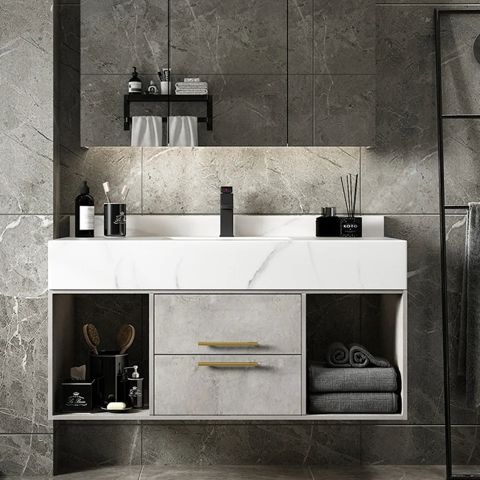 1000mm Grey Floating Bathroom Vanity with Stone Top Wall Mounted Cabinet - Homary