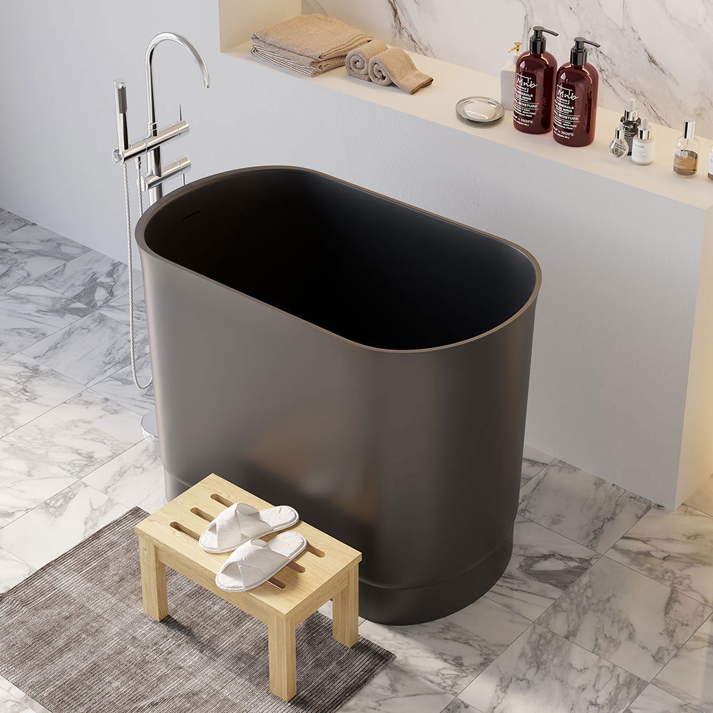 1000mm Modern Deep Oval Freestanding Matte Black Stone Resin Japanese Soaking Bath - Approved By Design
