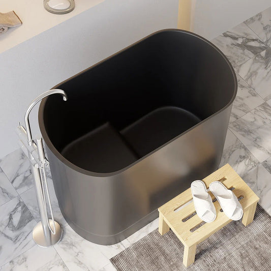 1000mm Modern Deep Oval Freestanding Matte Black Stone Resin Japanese Soaking Bath - Homary