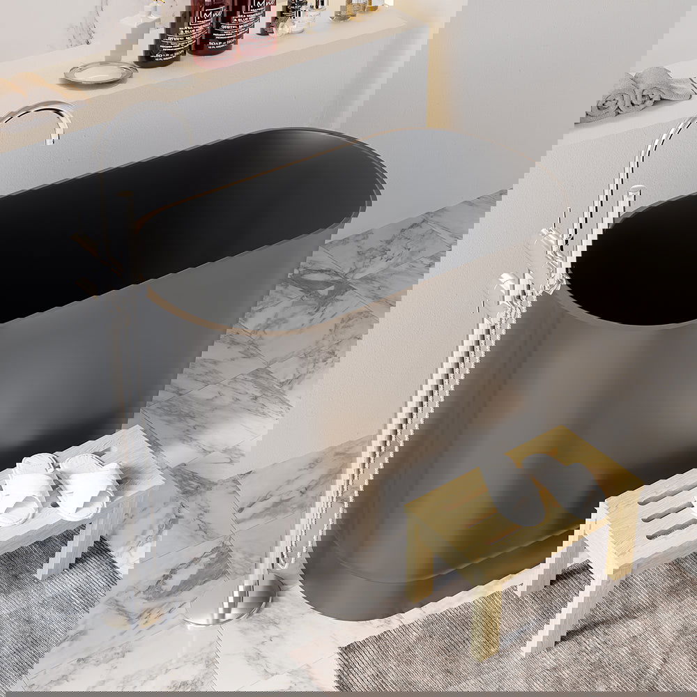 1000mm Modern Deep Oval Freestanding Matte Black Stone Resin Japanese Soaking Bath - Homary