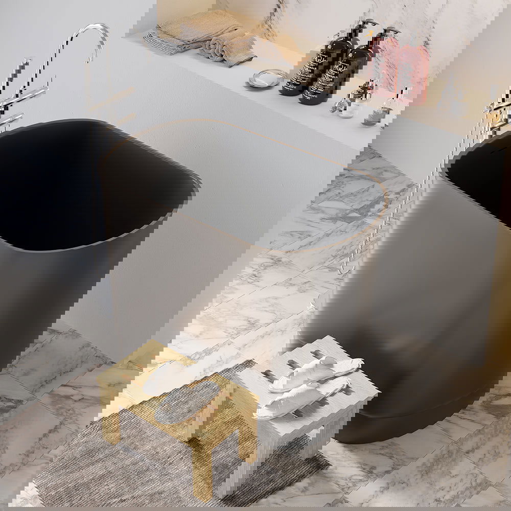 1000mm Modern Deep Oval Freestanding Matte Black Stone Resin Japanese Soaking Bath - Homary