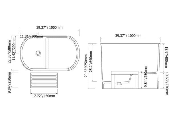 1000mm Modern Deep Oval Freestanding Matte Black Stone Resin Japanese Soaking Bath - Homary