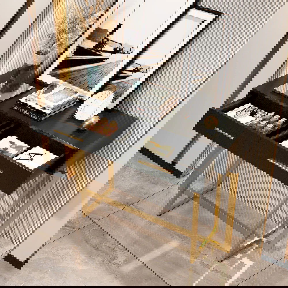 1000mm Modern Narrow Black Console Table with Storage Drawers and Metal Legs in Gold - 