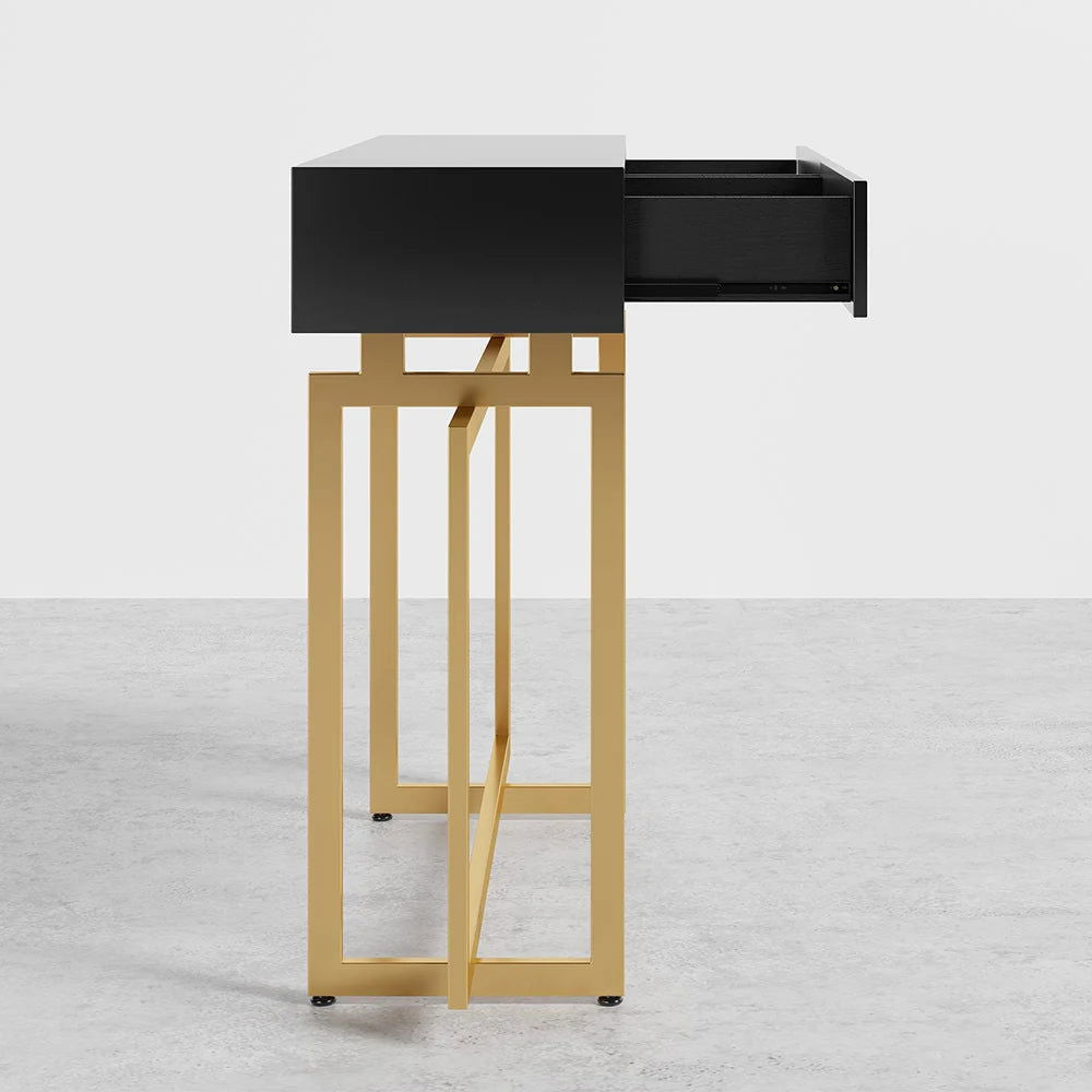 1000mm Modern Narrow Black Console Table with Storage Drawers and Metal Legs in Gold - 